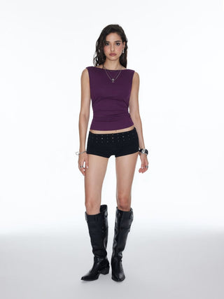 High Stretch Boat Neck Backless Chain Detail Draped Crop Tank Top