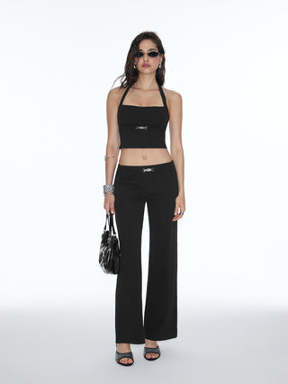 Cotton-blend Low Rise Metal Detail Wide Leg Trousers