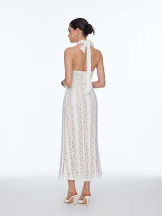Lace Stand Collar Scarf Neck Split Backless Maxi Dress