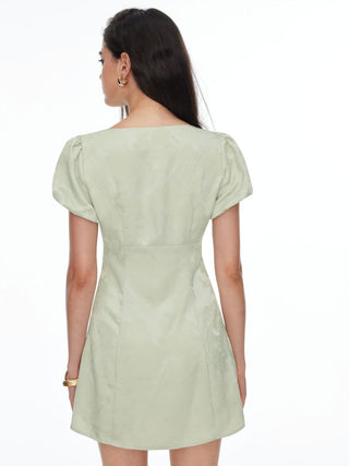 Jacquard V-neck Puff Sleeve Tie Front A-line Mini Dress