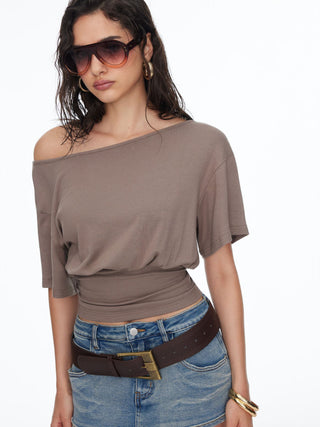Boat Neck Batwing Sleeve Backless Drawstring Metal Detail Oversized Crop Tee