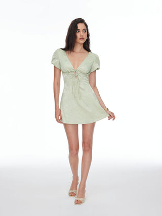 Jacquard V-neck Puff Sleeve Tie Front A-line Mini Dress