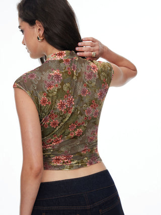 Velvet Floral Stand Collar Short Sleeve Cut Out Slim Tee