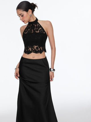 Cotton-blend Lace Halter Crop Top & Low Rise Mermaid Maxi Skirt Set
