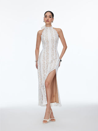 Lace Stand Collar Scarf Neck Split Backless Maxi Dress