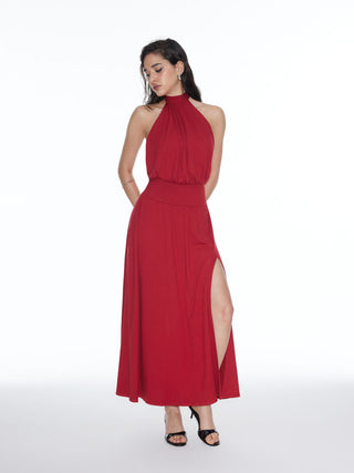 Halter Neckline Backless Split A-line Maxi Dress