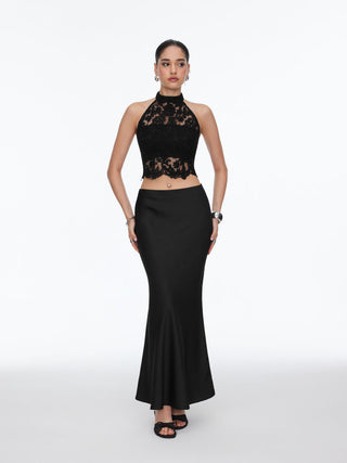 Cotton-blend Lace Halter Crop Top & Low Rise Mermaid Maxi Skirt Set