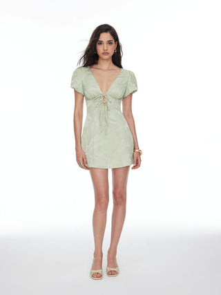 Jacquard V-neck Puff Sleeve Tie Front A-line Mini Dress