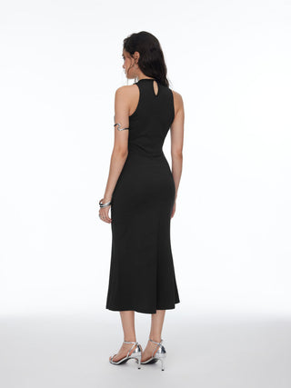 Cowl Neck Lace Panel Ruched Mermaid Midi Dress