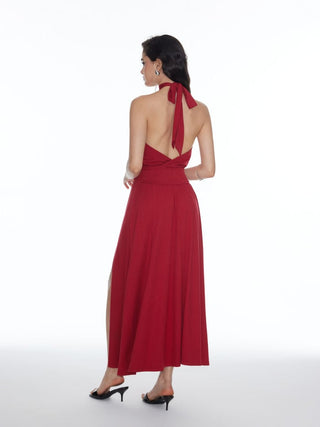 Halter Neckline Backless Split A-line Maxi Dress