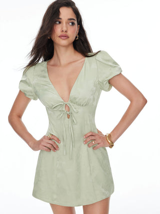 Jacquard V-neck Puff Sleeve Tie Front A-line Mini Dress