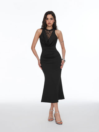 Cowl Neck Lace Panel Ruched Mermaid Midi Dress