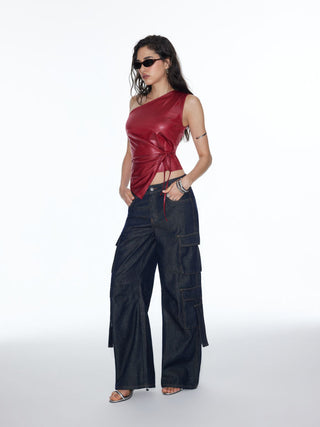 Faux Leather Asymmetrical Neck Ruched Drawstring Crop Top