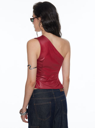 Faux Leather Asymmetrical Neck Ruched Drawstring Crop Top