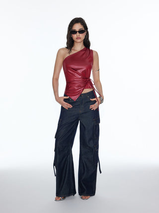 Faux Leather Asymmetrical Neck Ruched Drawstring Crop Top