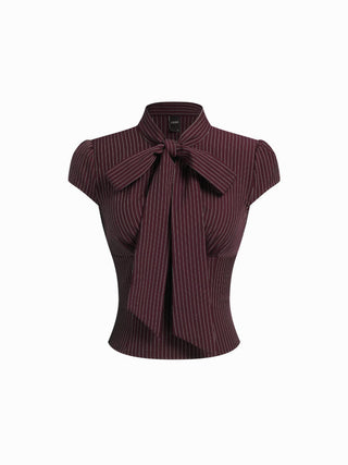 Striped Stand Collar Cut Out Blouse With Scarf