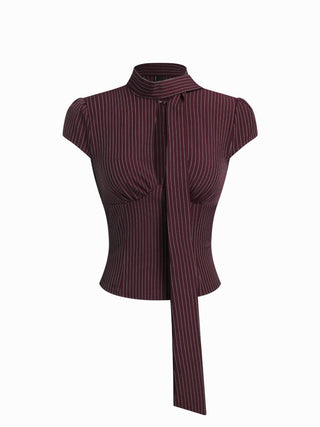 Striped Stand Collar Cut Out Blouse With Scarf