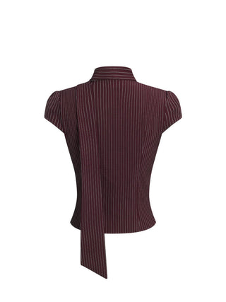 Striped Stand Collar Cut Out Blouse With Scarf