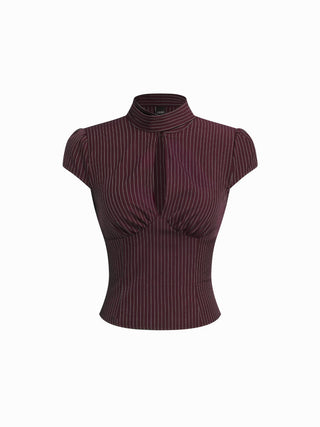 Striped Stand Collar Cut Out Blouse With Scarf