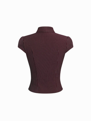 Striped Stand Collar Cut Out Blouse With Scarf