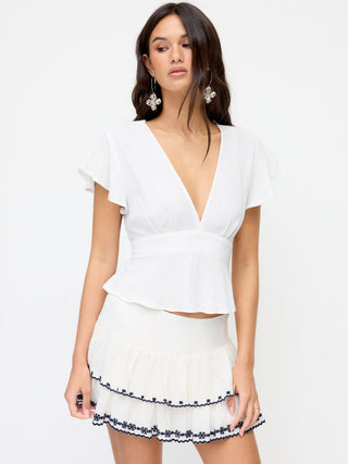 Woven Linen-blend V-neck Ruffle Sleeve Tie Back Blouse For Daily Casual Vacation