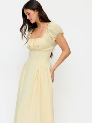 Textured Square Neck Puff Sleeve Ruched Flared Maxi Dress
