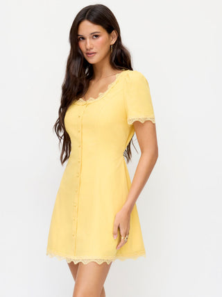 Linen-blend Square Neck Lace Trim Button Through A-line Mini Dress