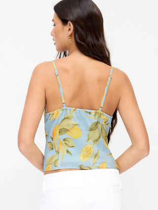 Linen-blend Lemon Graphic Sweetheart Scalloped Trim Cami Top