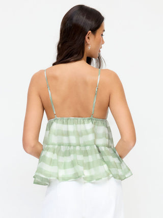 Woven Stripe Sweetheart Backless Ruffle Hem Oversized Cami Blouse For Daily Casual Vacation