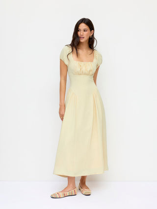 Textured Square Neck Puff Sleeve Ruched Flared Maxi Dress