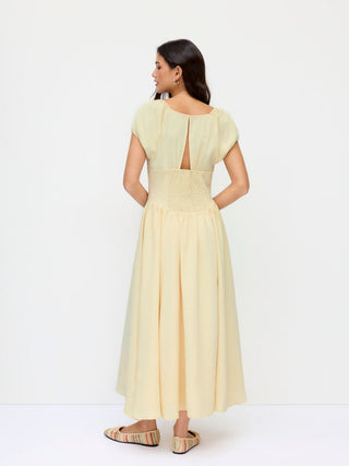 Textured Square Neck Puff Sleeve Ruched Flared Maxi Dress