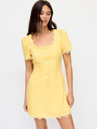Linen-blend Square Neck Lace Trim Button Through A-line Mini Dress