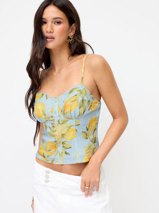 Linen-blend Lemon Graphic Sweetheart Scalloped Trim Cami Top