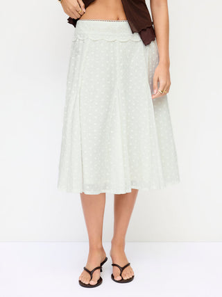 Woven Cotton Jacquard Mid Rise Embroidery A-line Midi Skirt For Daily Casual