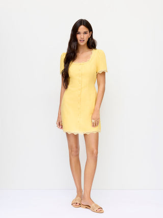 Linen-blend Square Neck Lace Trim Button Through A-line Mini Dress