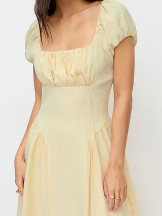 Textured Square Neck Puff Sleeve Ruched Flared Maxi Dress