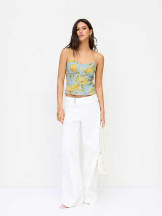 Linen-blend Lemon Graphic Sweetheart Scalloped Trim Cami Top