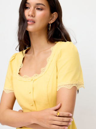 Linen-blend Square Neck Lace Trim Button Through A-line Mini Dress