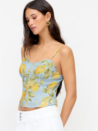 Linen-blend Lemon Graphic Sweetheart Scalloped Trim Cami Top