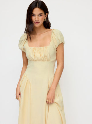 Textured Square Neck Puff Sleeve Ruched Flared Maxi Dress