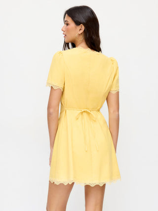 Linen-blend Square Neck Lace Trim Button Through A-line Mini Dress