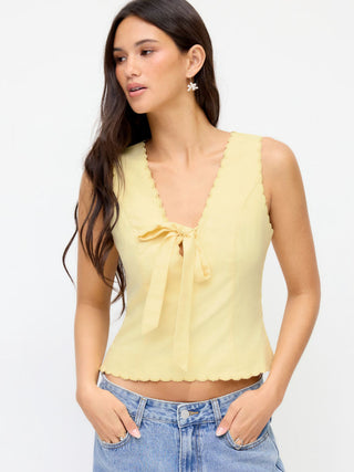 Linen-blend V-neck Bowknot Scalloped Trim Tank Blouse
