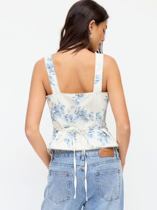Linen-blend Floral V-neck Split Tie Back Tank Top