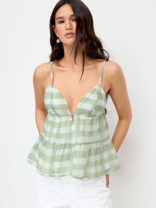 Woven Stripe Sweetheart Backless Ruffle Hem Oversized Cami Blouse For Daily Casual Vacation