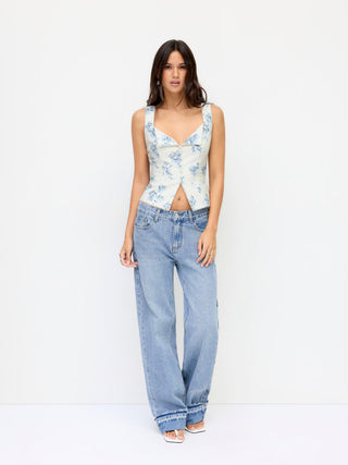 Linen-blend Floral V-neck Split Tie Back Tank Top