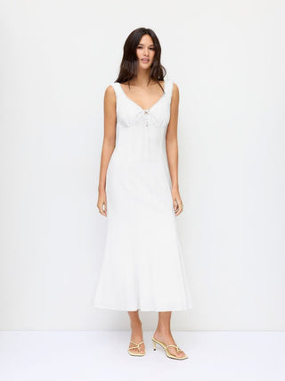 Linen-blend Sweetheart Lace Trim Tie Front Mermaid Maxi Dress