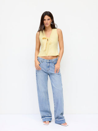Linen-blend V-neck Bowknot Scalloped Trim Tank Blouse