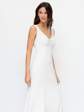 Linen-blend Sweetheart Lace Trim Tie Front Mermaid Maxi Dress