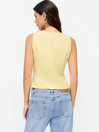 Linen-blend V-neck Bowknot Scalloped Trim Tank Blouse