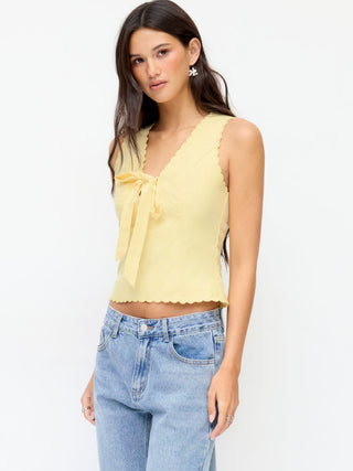 Linen-blend V-neck Bowknot Scalloped Trim Tank Blouse